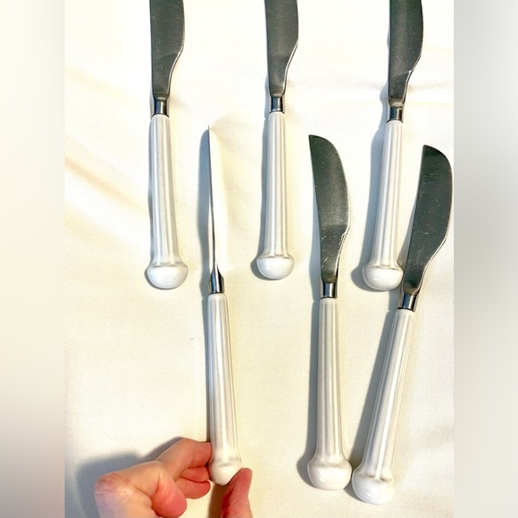 *VNTG* DENBY ENGLAND Regency Blue Stainless-6 Butter Knives-White Ceramic Handle